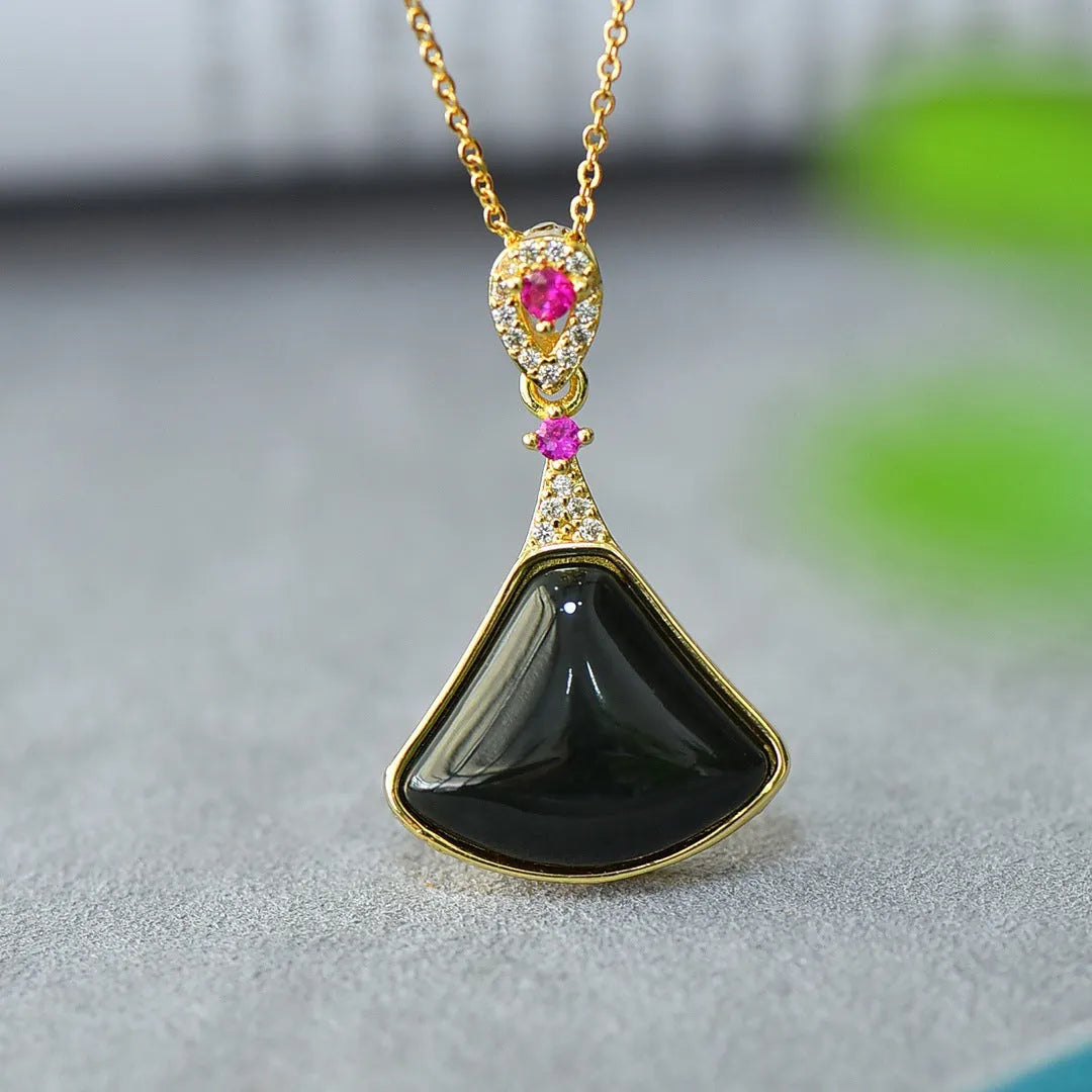 Copper inlaid Hetian grey jade pendant with ink blue accents on necklace chain