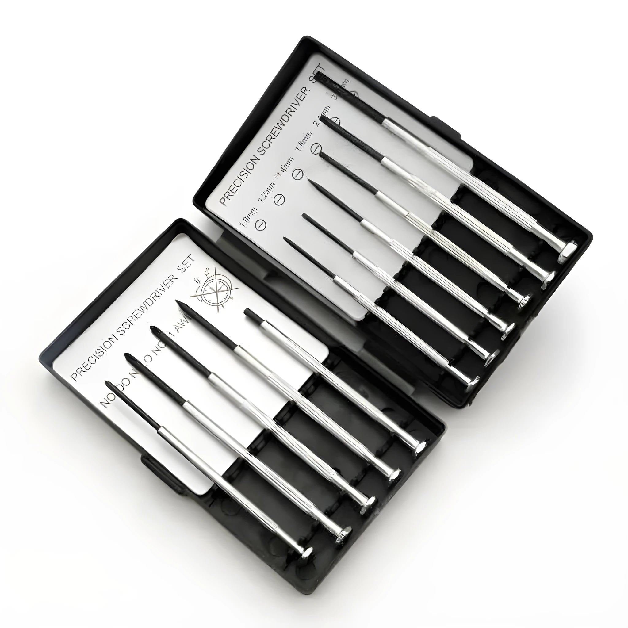 TH-6177 11-piece clock repair screwdriver set with cross and slotted bits on a work surface.