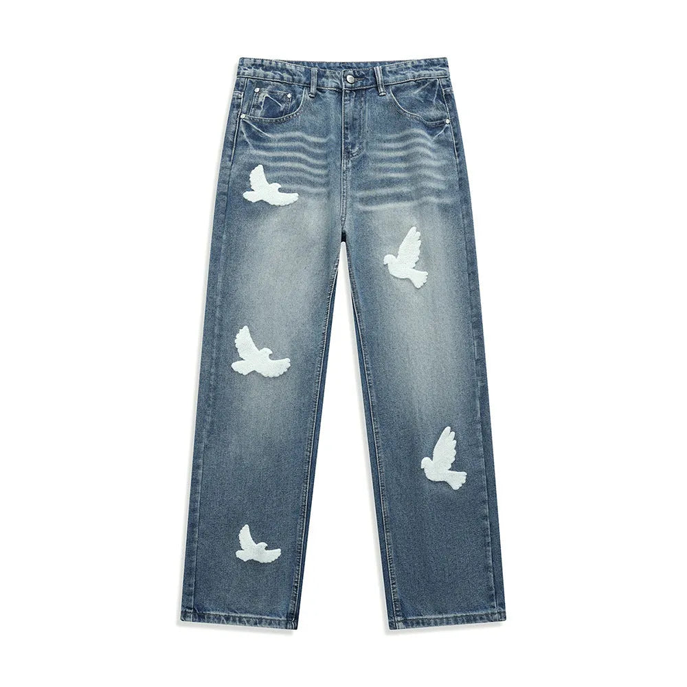 Men's mid-waist straight-leg jeans in blue cotton denim with button placket available in multiple sizes