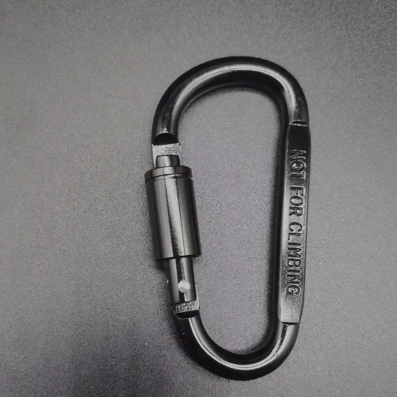 Aluminium D-type carabiner with lock in multiple colour options showing 8cm flat design