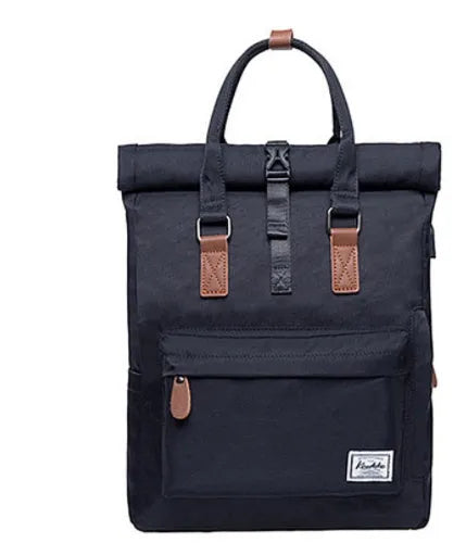 Casual black polyester backpack with cover opening, showing internal laptop pocket.