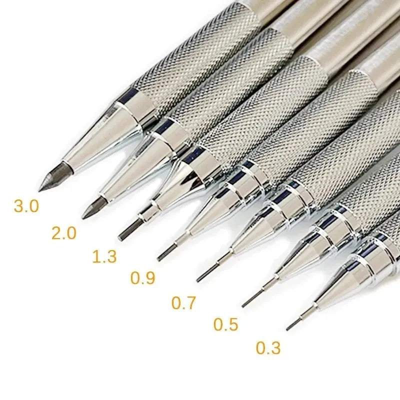 Silver metal mechanical pencil with clip, shown with compatible lead refills in sizes 0.5mm and 2.0mm.
