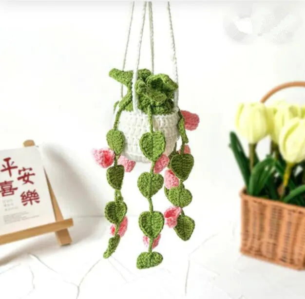 Green and white knitted car plant ornament with hanging rope for dashboard or mirror decoration