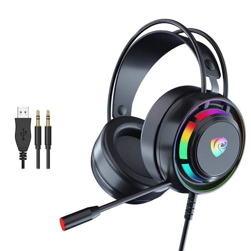 Black wired computer gaming headset with microphone showing over-ear design and dual plug options