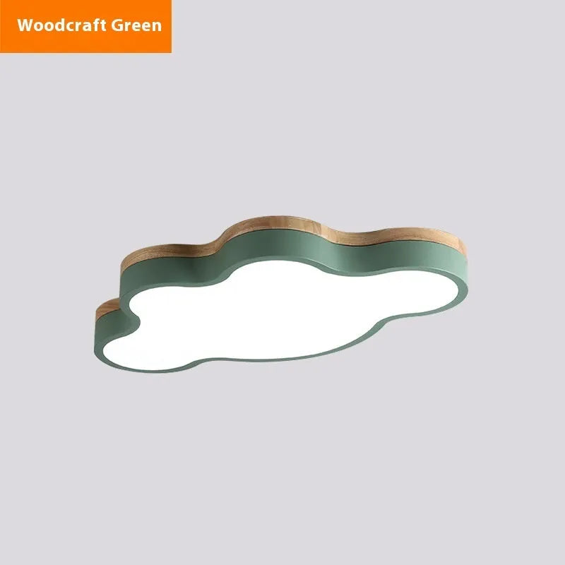 Cloud shaped wooden frame LED ceiling lamp showing four colour options and two size configurations