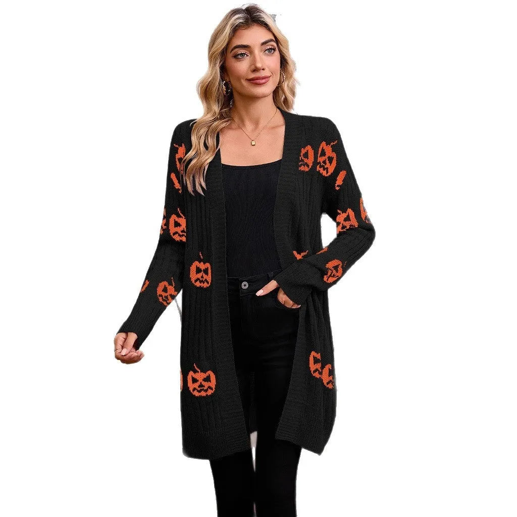 Women's Halloween pumpkin head Jacquard knitted cardigan sweater in straight fit