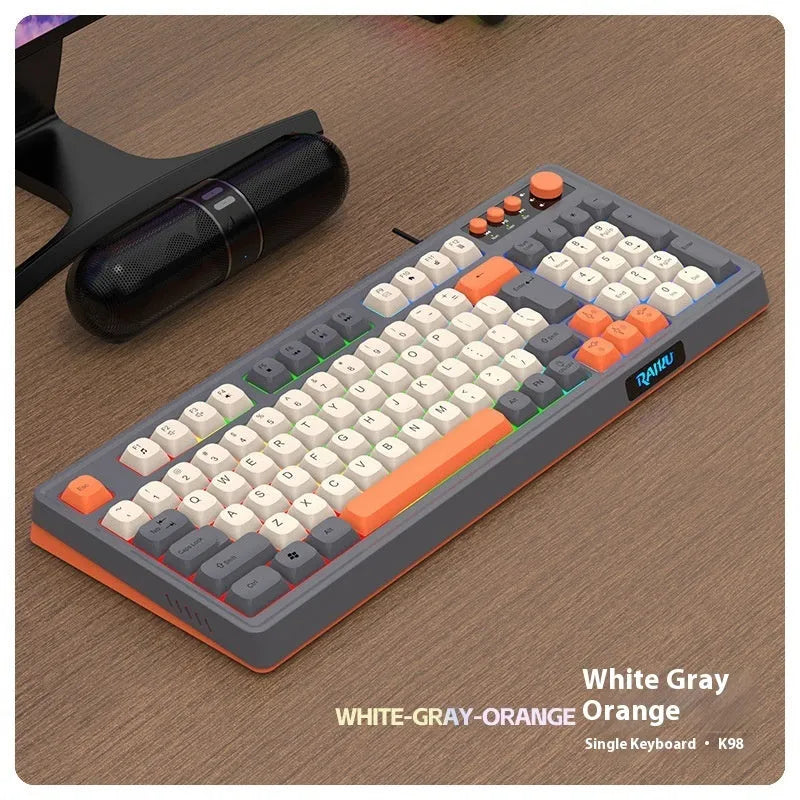 Wired gaming keyboard and mouse set in white and grey, mechanical feeling keyboard with photoelectric mouse
