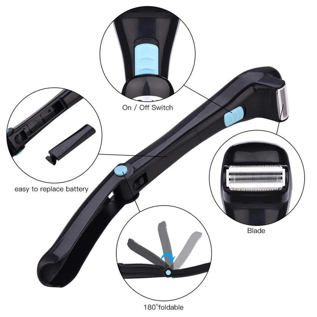 Matte black folding body electric shaver with battery compartment open