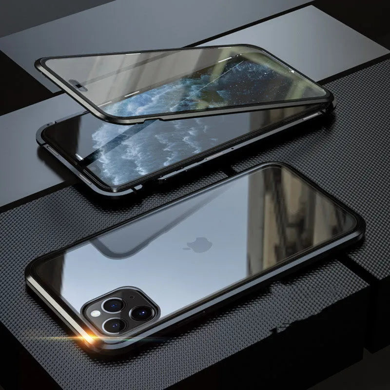 Glass anti-spy clamshell phone case for iPhone in solid colours showing geometric design