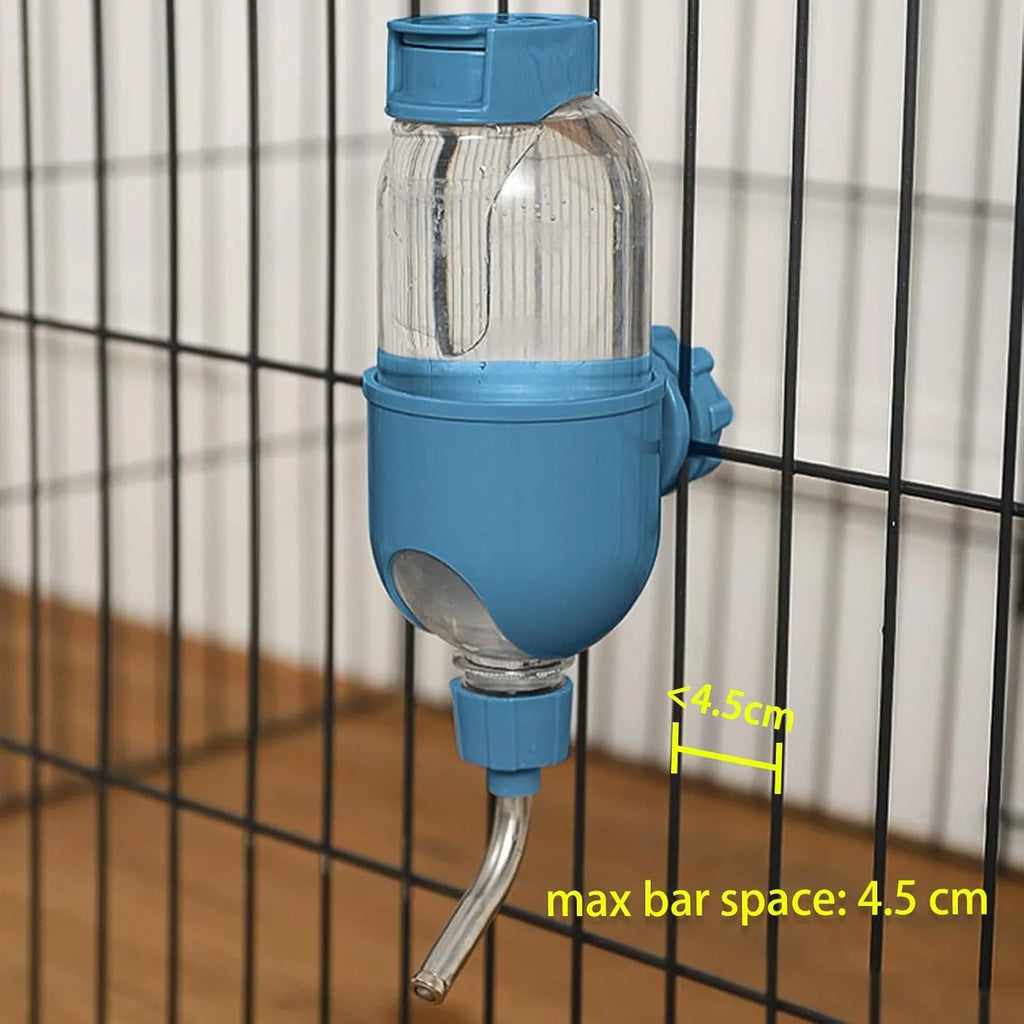 Blue small animal water bottle with rotating nozzle mounted on cage bars