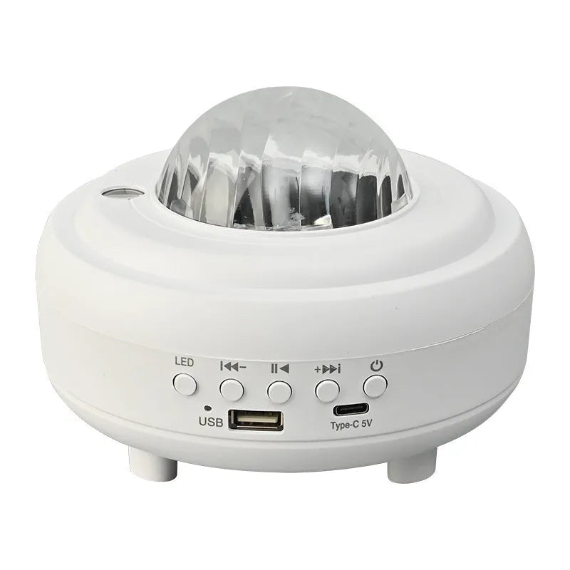 White Bluetooth star projector night light showing celestial projection effects on wall