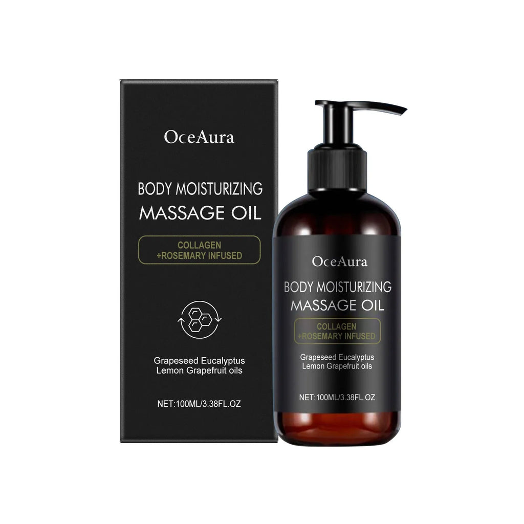 Moisturising massage oil 100ml with collagen and vitamin E, featuring natural botanical extracts