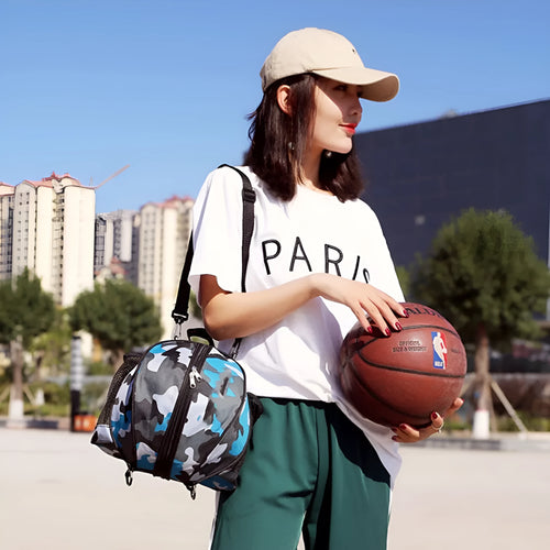 Oxford cloth basketball training bag showing 9 litre capacity with shoulder carrying options