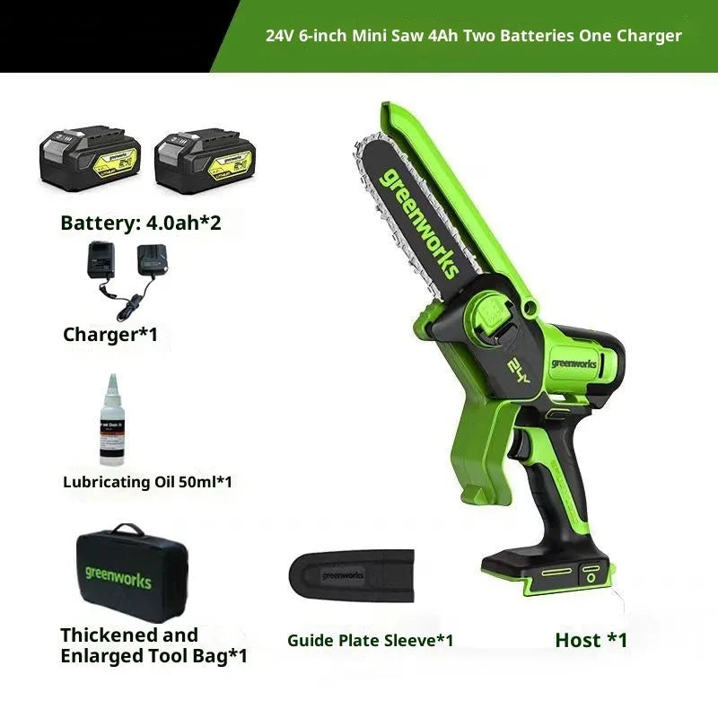 6-inch cordless electric chainsaw with 24V lithium battery, two batteries and a charger