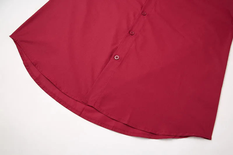 Men's red stand-up collar casual shirt with Chinese-style design, long sleeves, available in sizes S to XXXL