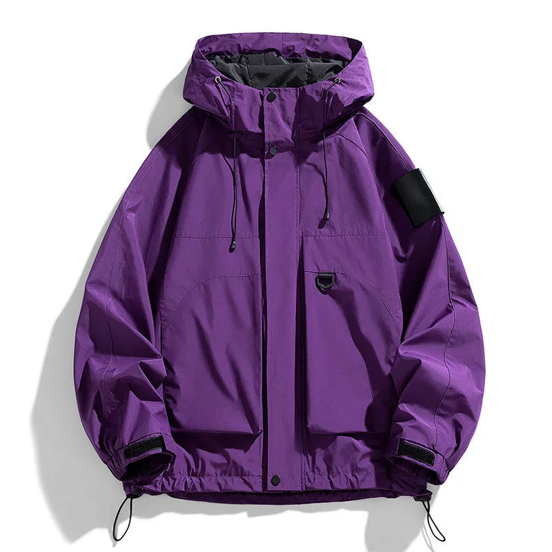 Men's black waterproof windproof hooded jacket made from polyester blend fabric.