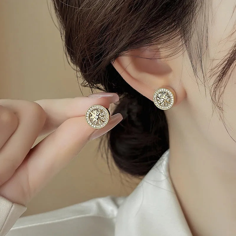 Zircon stud earrings for women copper inlaid eight-pointed star real gold plated Japanese Korean style