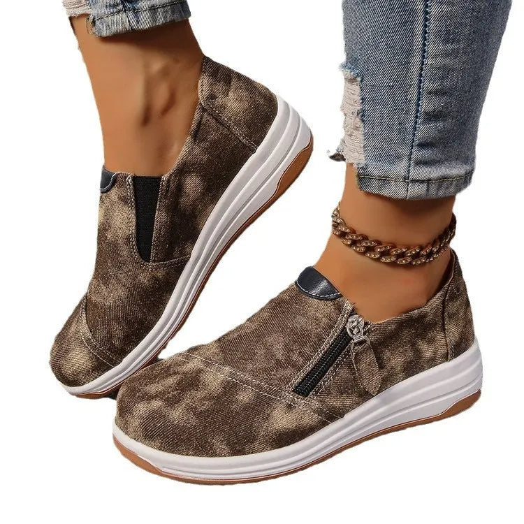Plus size women's canvas slip-on shoes, round toe, flat rubber sole, blue or brown, sizes 36 to 43