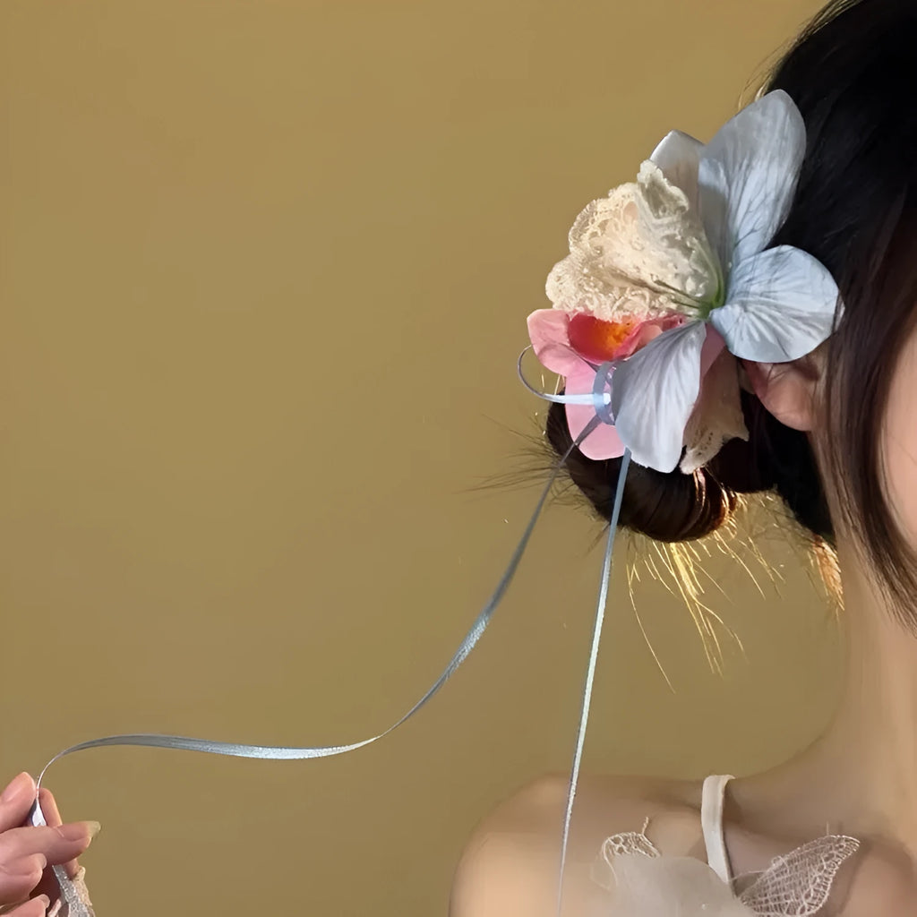 Blue pink cloth flower hair barrette for women, single spring summer floral hair accessory