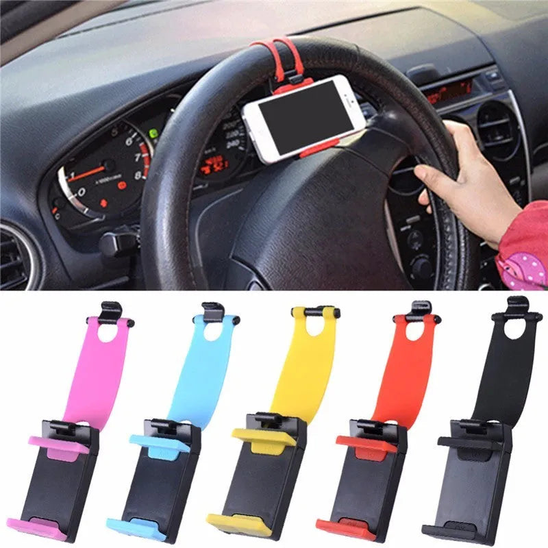 Black universal steering wheel phone clip mount holder showing phone compatibility.