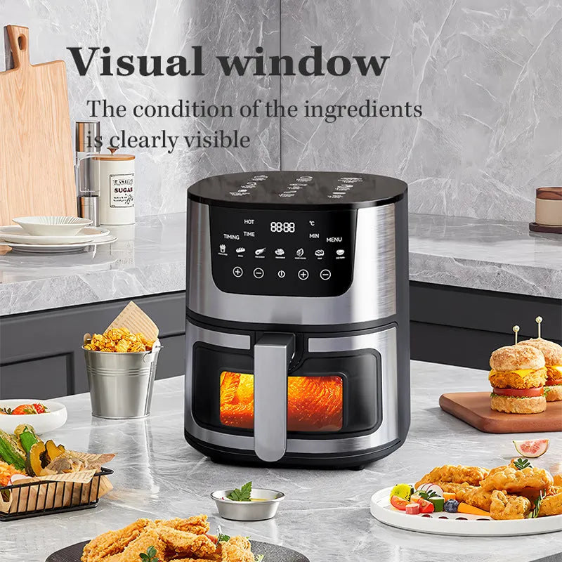 Stainless steel smart visual air fryer with 8L capacity and transparent window on a kitchen counter