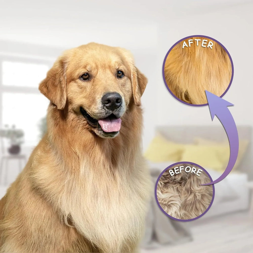 Purple pet grooming comb with stainless steel teeth on an ergonomic handle.