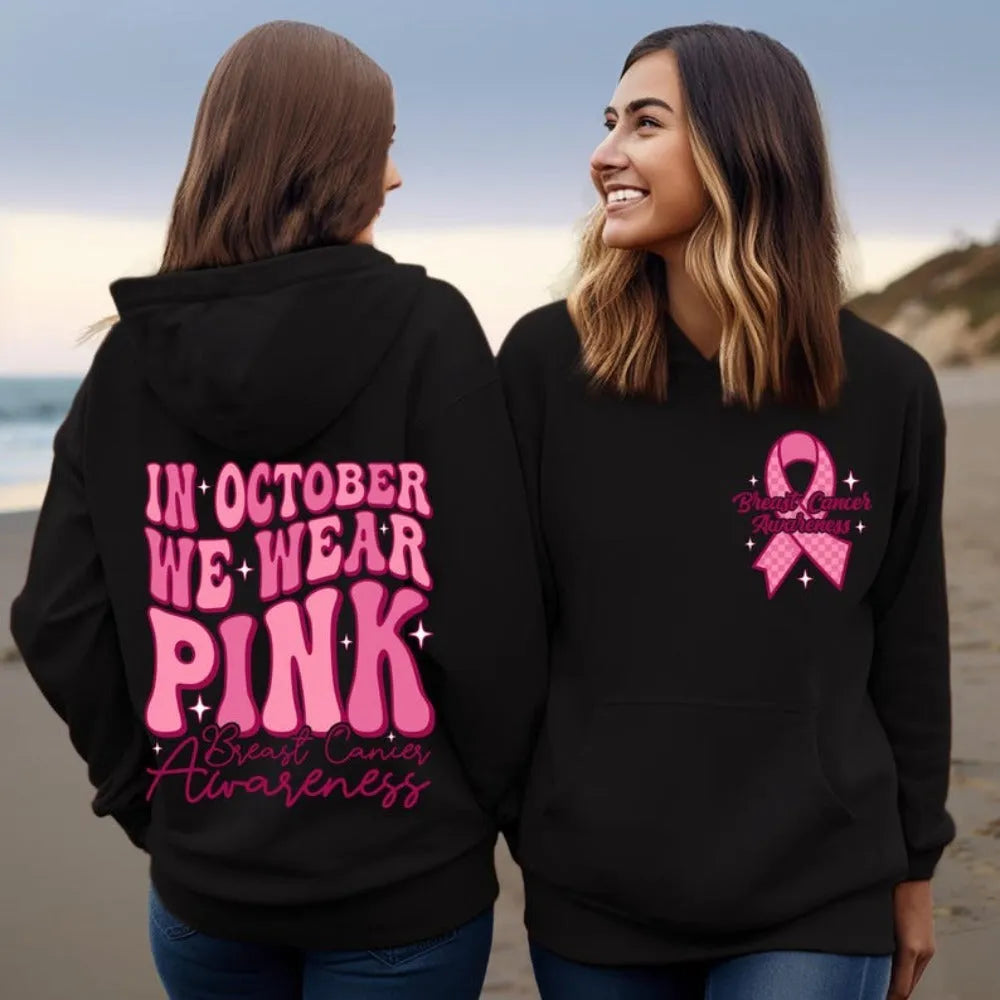 Breast cancer awareness sweatshirt with retro pattern and side seam pockets in pink, white, khaki or black