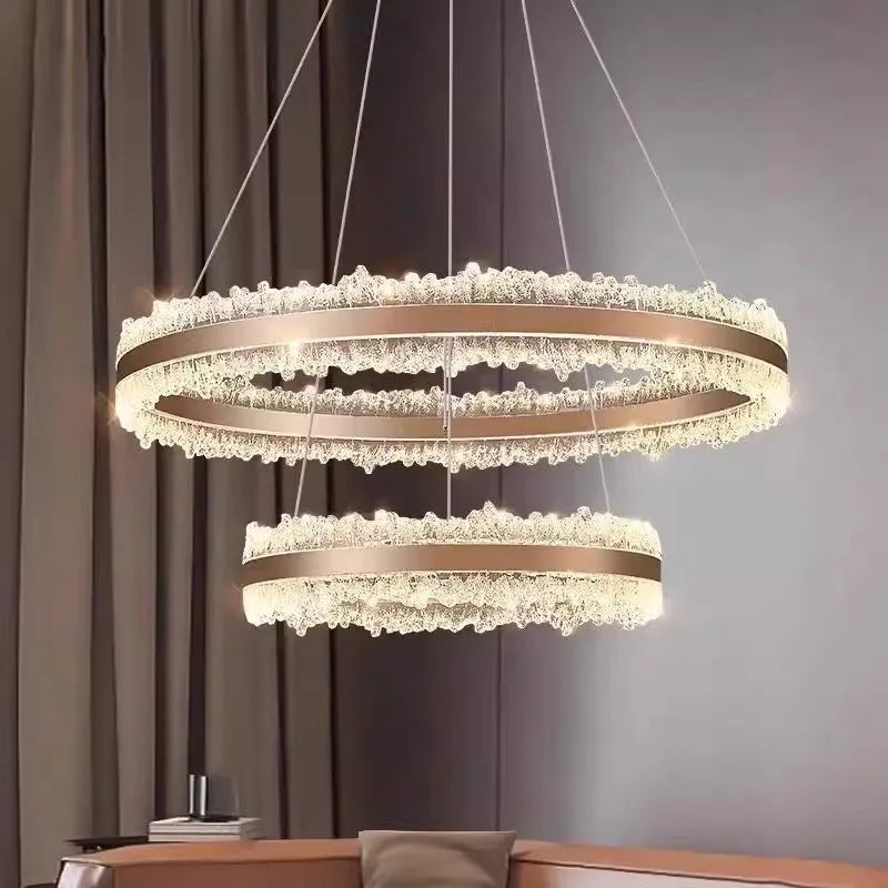 Modern double-layer chandelier with aluminium and acrylic sanding finish, 40cm and 60cm sizes, tricolor ceiling light.