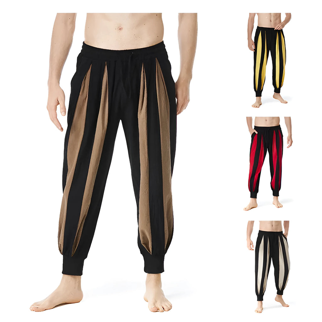 Men's straight-leg casual trousers in four colour options showing front and back views