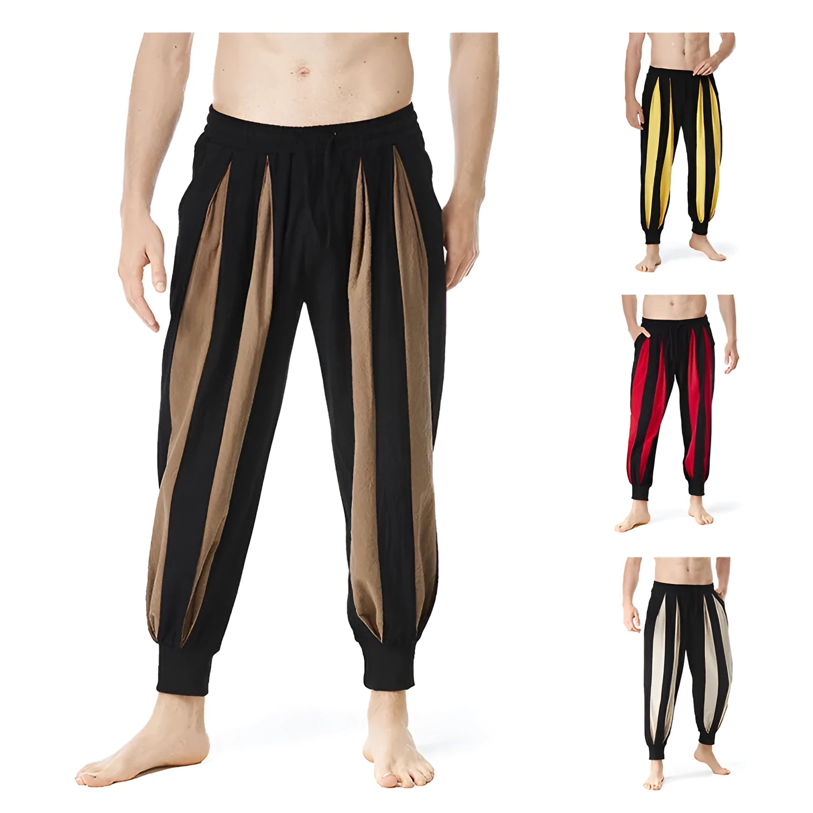 Men's straight-leg casual trousers in four colour options showing front and back views