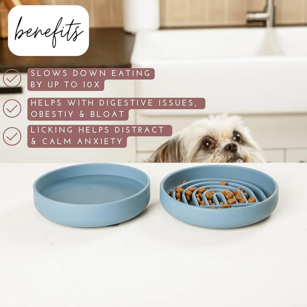 Silicone slow feeder dog bowl with ridges, functioning as a lick mat, in assorted colours.