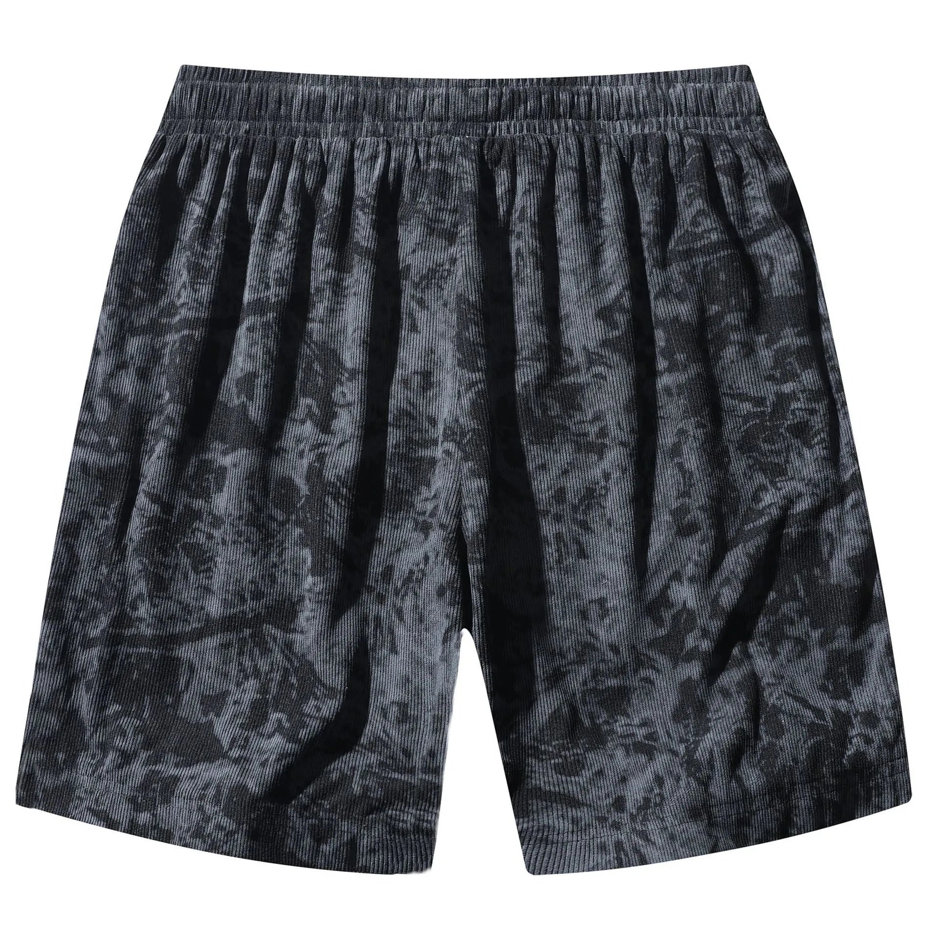 Men's camouflage pattern corduroy athletic shorts with high waistband and straight leg design