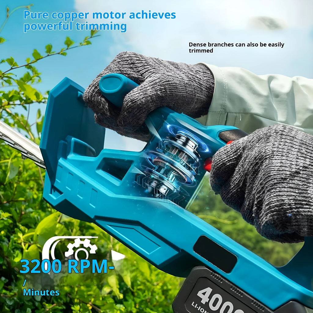 24V cordless lithium battery hedge trimmer with two batteries, charger, gloves, goggles and blade guard