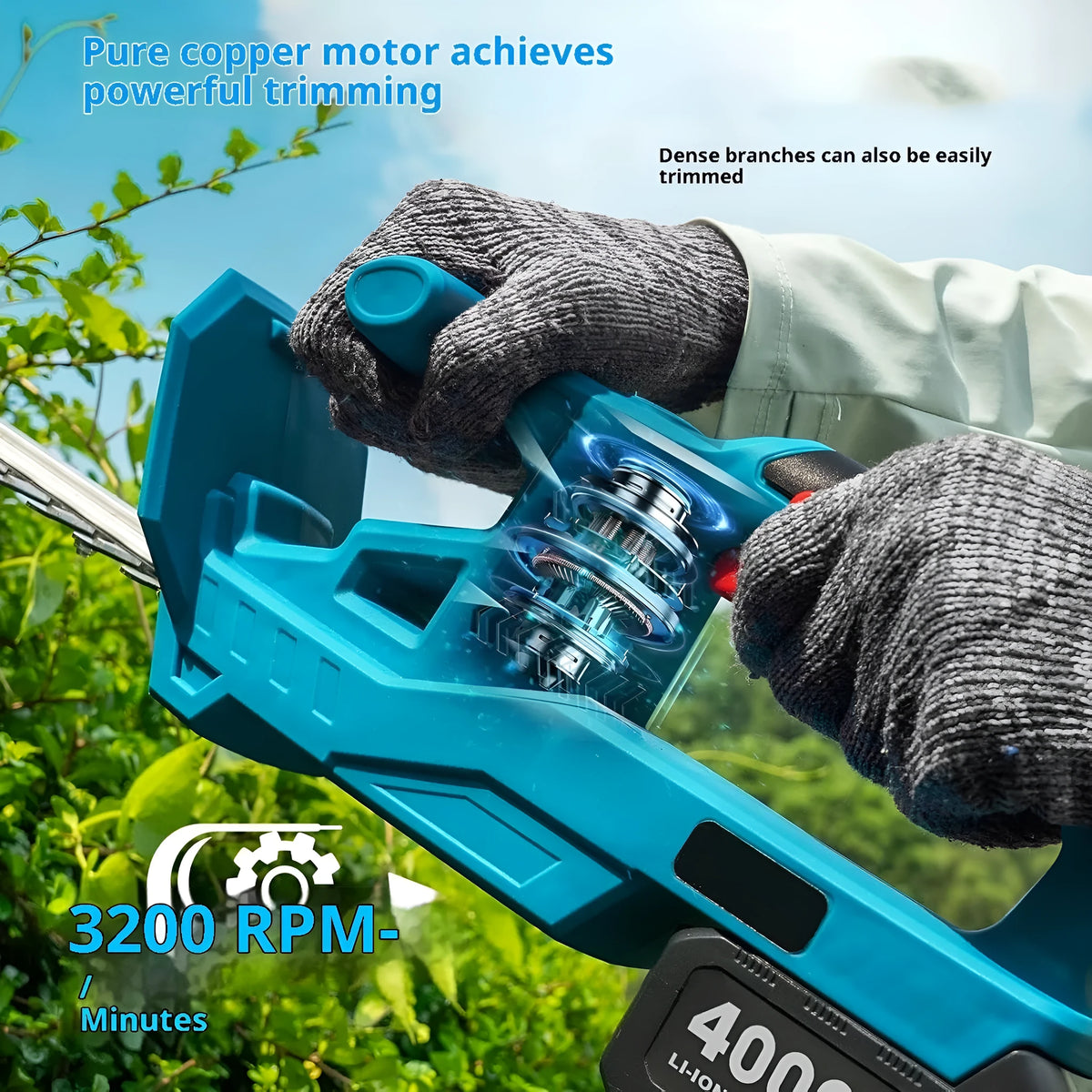 24V cordless lithium battery hedge trimmer with two batteries, charger, gloves, goggles and blade guard