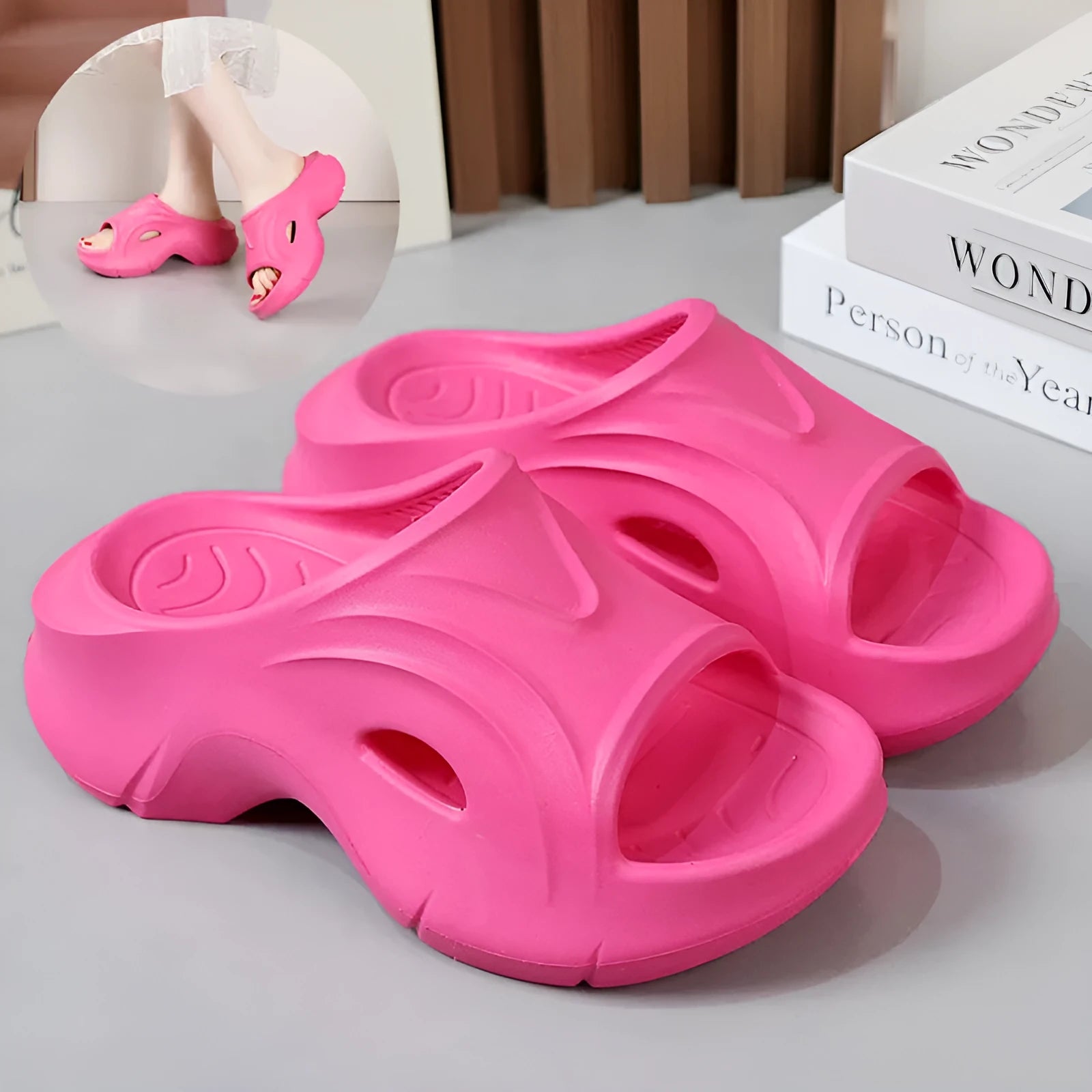 Women's thick-soled EVA slippers in white, black, or rose red with round toe design