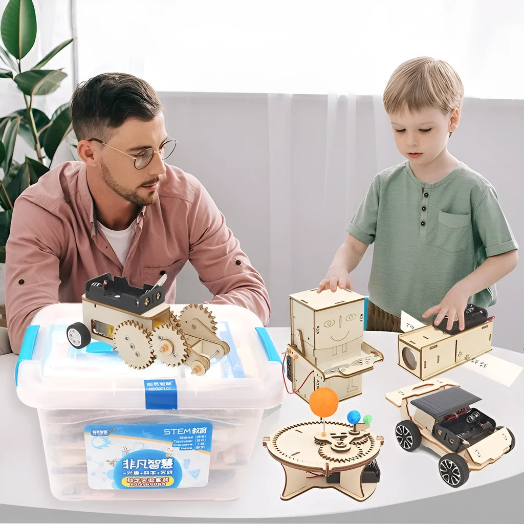 Physical science kit with wooden experiment pieces, pigments, screwdriver, glue, and batteries for kids ages 7-14