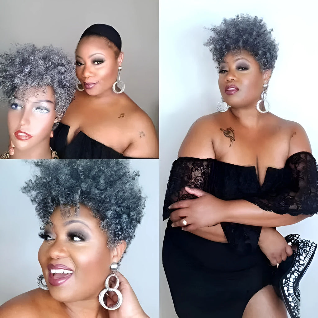 Short synthetic wig with simple rolls design in exotic style, shown in black colour.