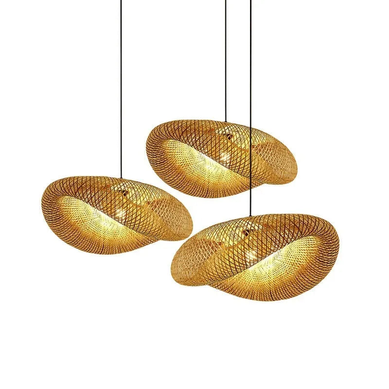 Natural bamboo straw hat shaped pendant ceiling light with woven rattan shade.