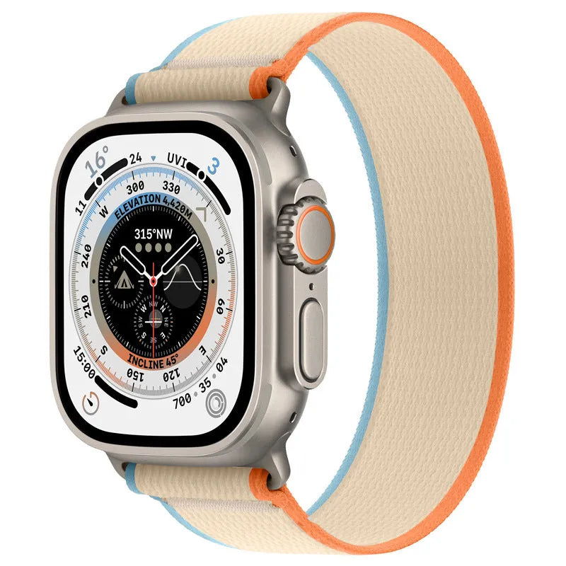 Nylon Apple Watch strap with single ring loop fastening shown in army green colour.