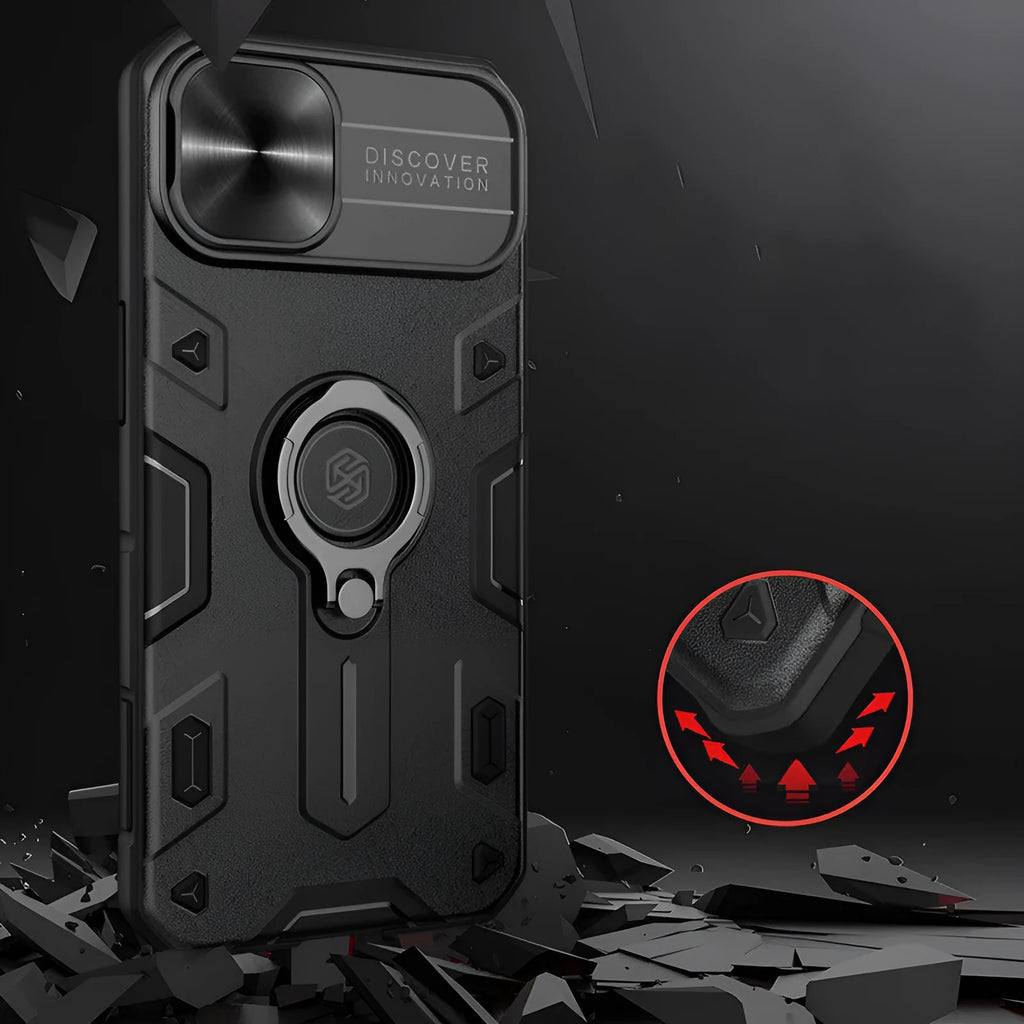 Black Rhinoceros sliding cover ring bracket protective case for Apple iPhone 13 in black colour