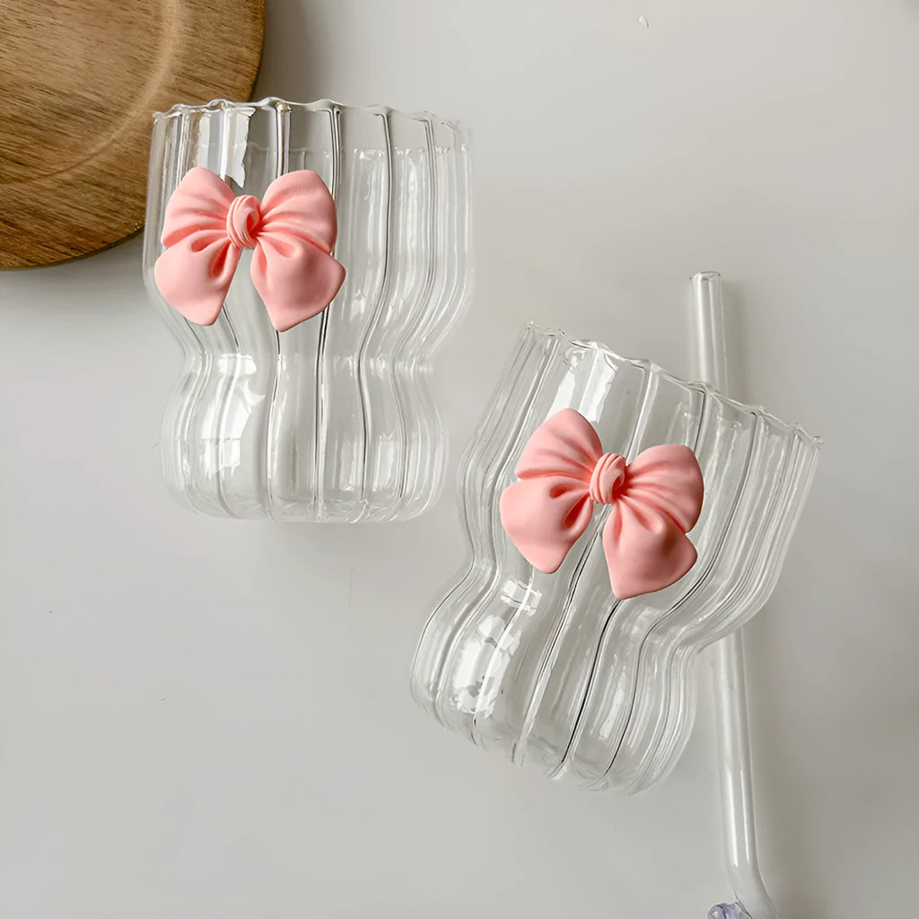 Pink bow borosilicate glass coffee cup, 350ml, 7.5cm diameter, 9cm height, cartoon pattern