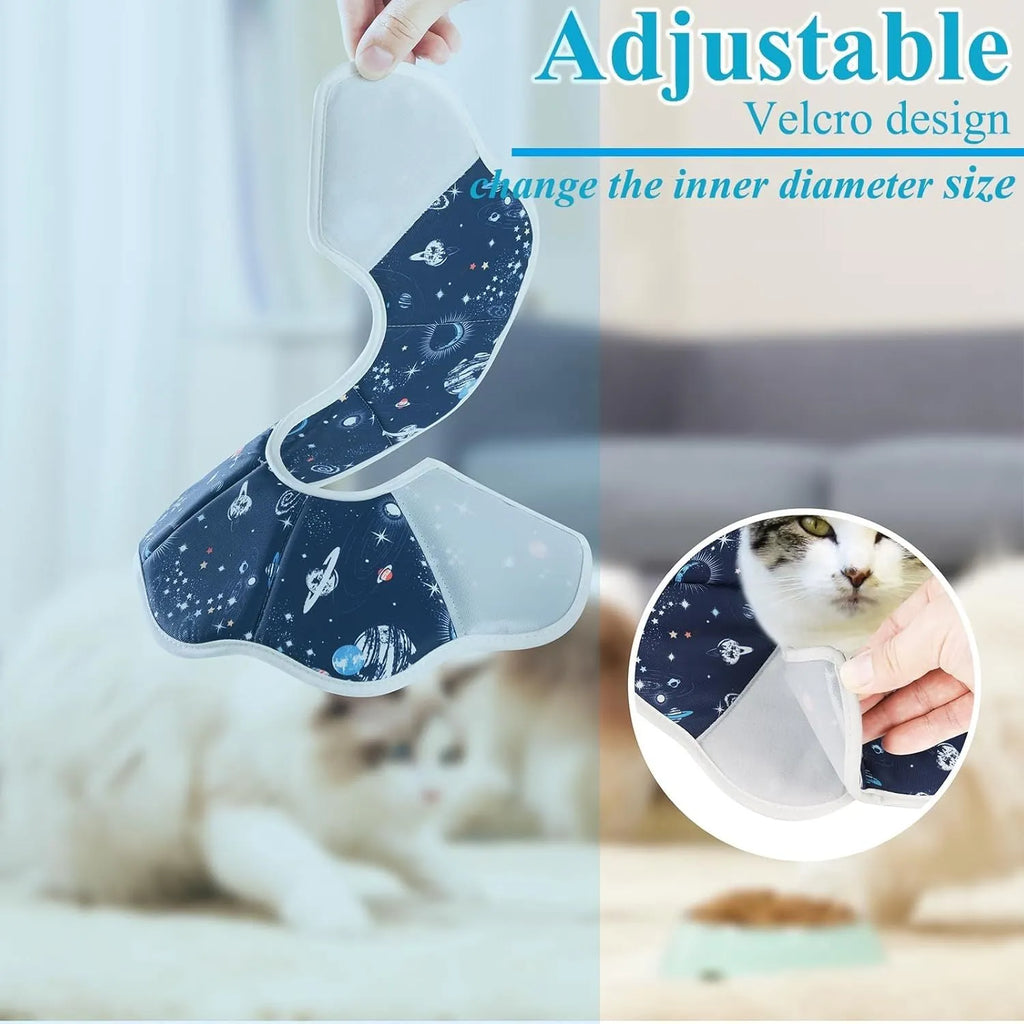 Soft cat recovery collar in constellation colour showing adjustable fastener and soft interior padding