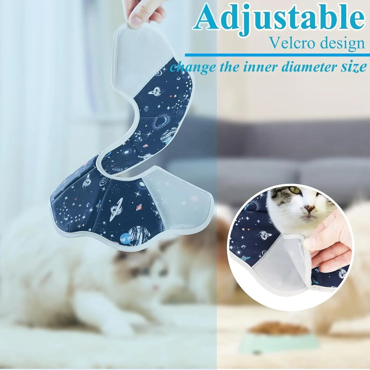 Soft cat recovery collar in constellation colour showing adjustable fastener and soft interior padding