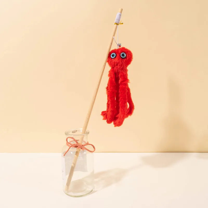 Octopus-themed cat toy with long handle in bright colours for indoor pet play