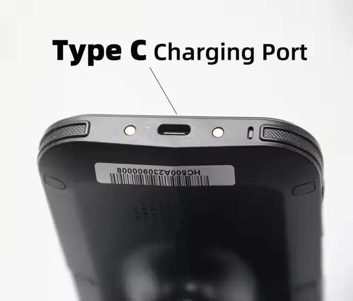 SLP-05 handheld Android UHF RFID reader and barcode scanner with removable battery.