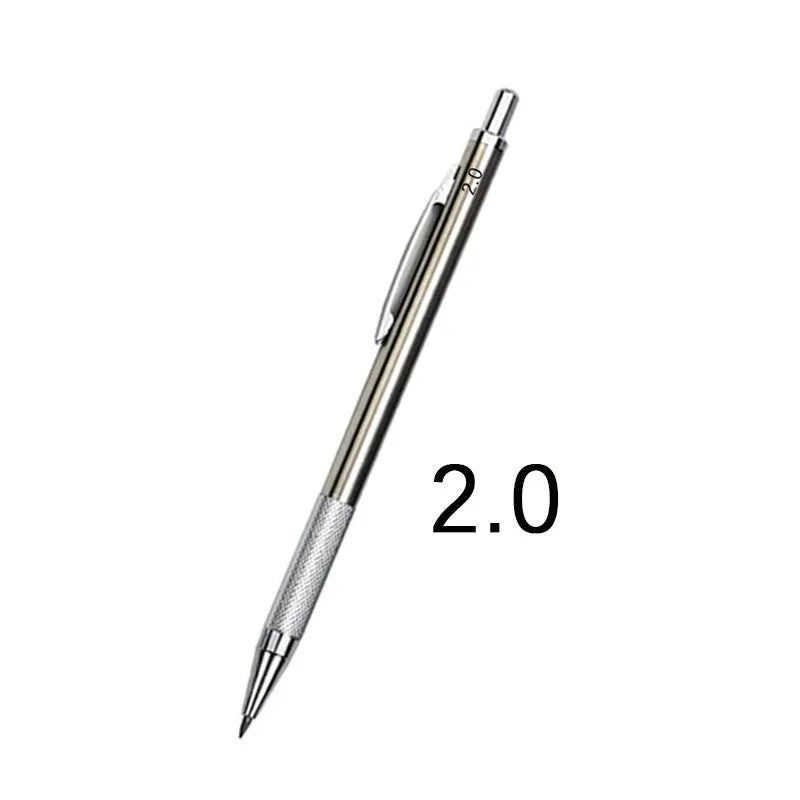 Silver metal mechanical pencil with clip, shown with compatible lead refills in sizes 0.5mm and 2.0mm.