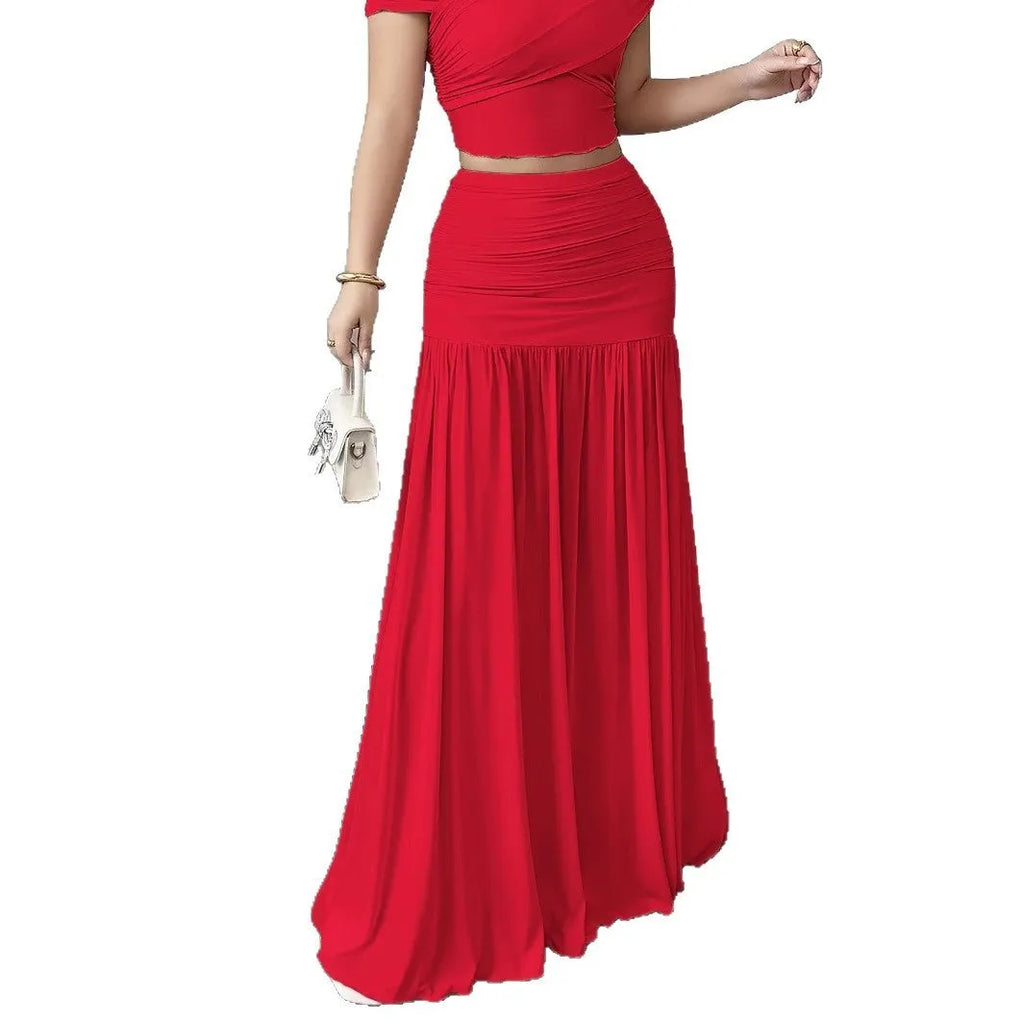 Women's pleated long skirt in polyester fibre, pink colour, with medium stretch and irregular hem, side view