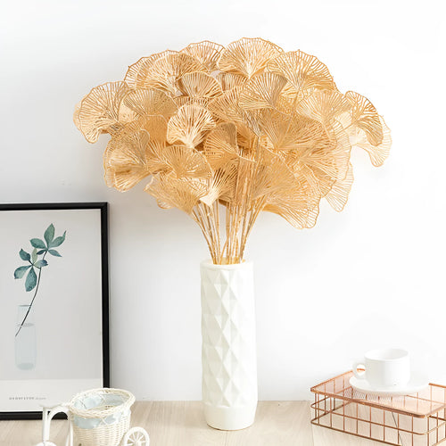 Artificial Persian eucalyptus ginkgo leaf flower arrangement in gold plastic for wedding home decor