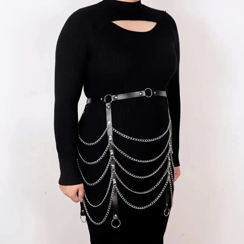 Black PU leather waist chain ornament with adjustable 110cm length draped for waist styling