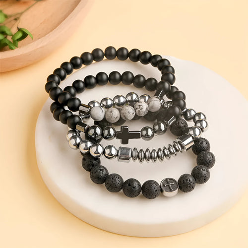 Geometric agate bracelet with volcanic colour stones and stainless steel finish